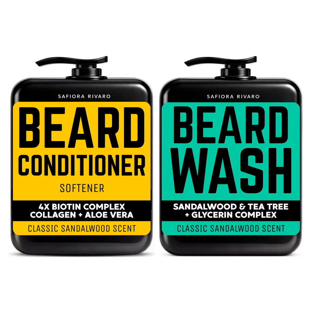 Safiora Rivaro Beard Wash for Men with Tea Tree & Sandalwood – Hydrating Beard Shampoo Softener for Coarse Hair, Grooming Cleanser for Daily Care Routine – Moisturizing Wash for Black Men (16 Fl Oz)