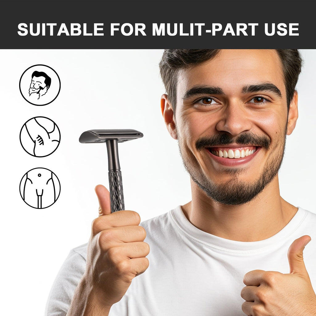 THE GROOMING SOCIETY Double Edge Safety Razor for Men with Stand and Silicone Cover - Durable Metal Eco-Friendly Single Blade Safety Razor with 10 Blades - Closed Smooth Shave Matte Black