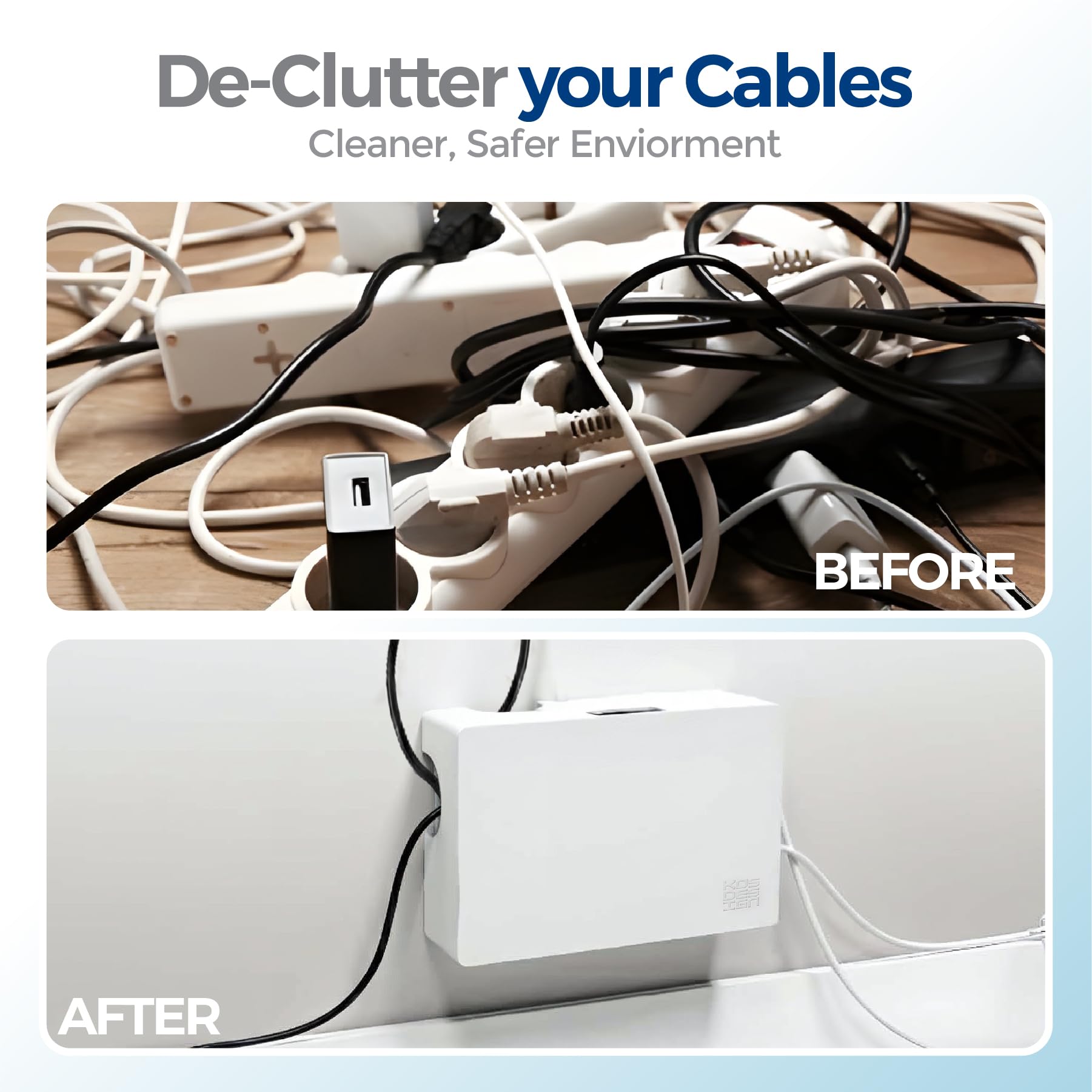 Kos Design Cable Management Box with Included Mounting Hardware – ABS Cord Organizer (12,7 x 7,8 x 4,5 in) | Heat-Tolerant Power Strip & Cable Storage | Wall-Mountable or Floor Use