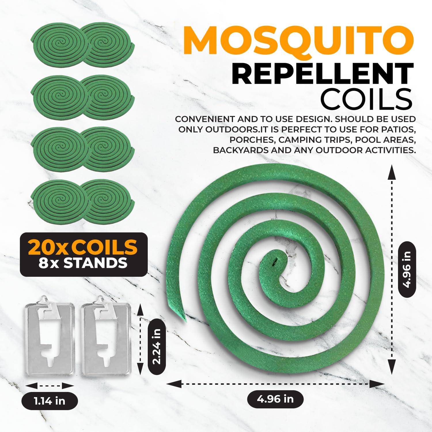 Natural Essential Oil Scented Coils - Outdoor Use Reaches Up to 10 feet - Each Burns for 5-7 Hours (20 coils & 8 Coil Stands) for Patio Backyard