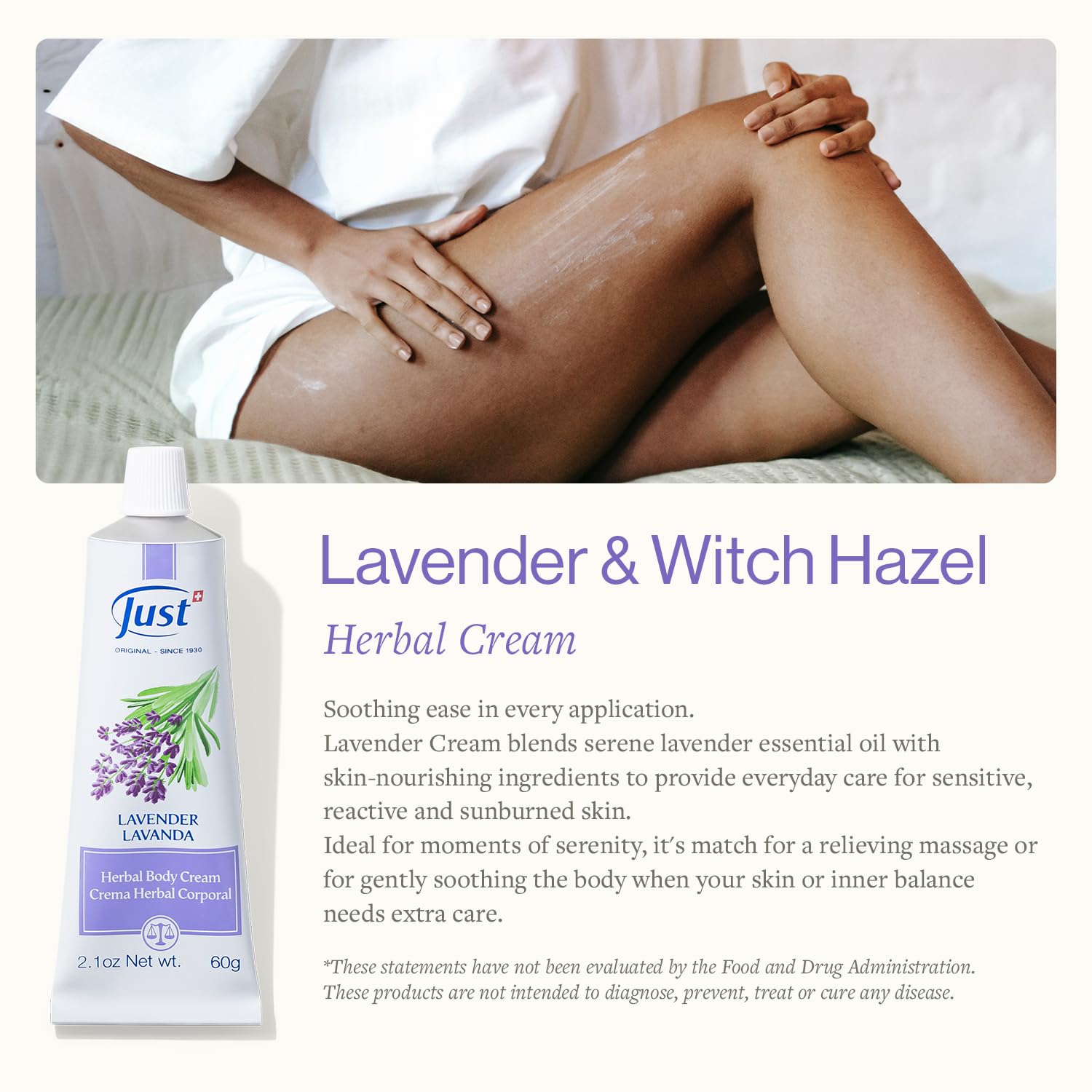 Swiss Just Lavender Cream 60g - Herbal Cream with Lavender Oil, Witch Hazel, and Aloe Vera - Eases Discomfort for Burns, Dermatitis, and Itchy Skin