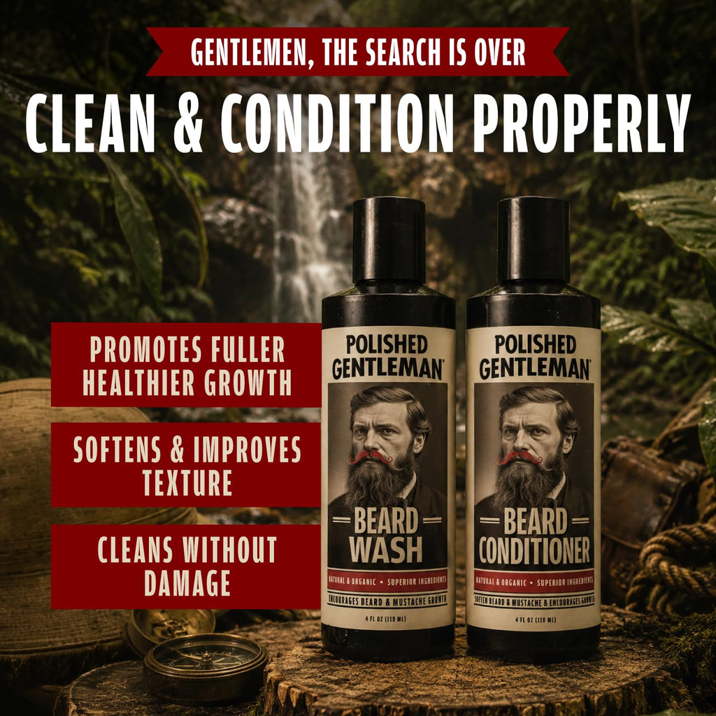 Polished Gentleman Beard Wash & Beard Conditioner Set - Biotin, Tea Tree, Aloe Vera, Manuka Honey & Argan Oil – Softens, Smooths & Hydrates Facial Hair – Paraben & Sulfate Free Shampoo Made in USA 8oz