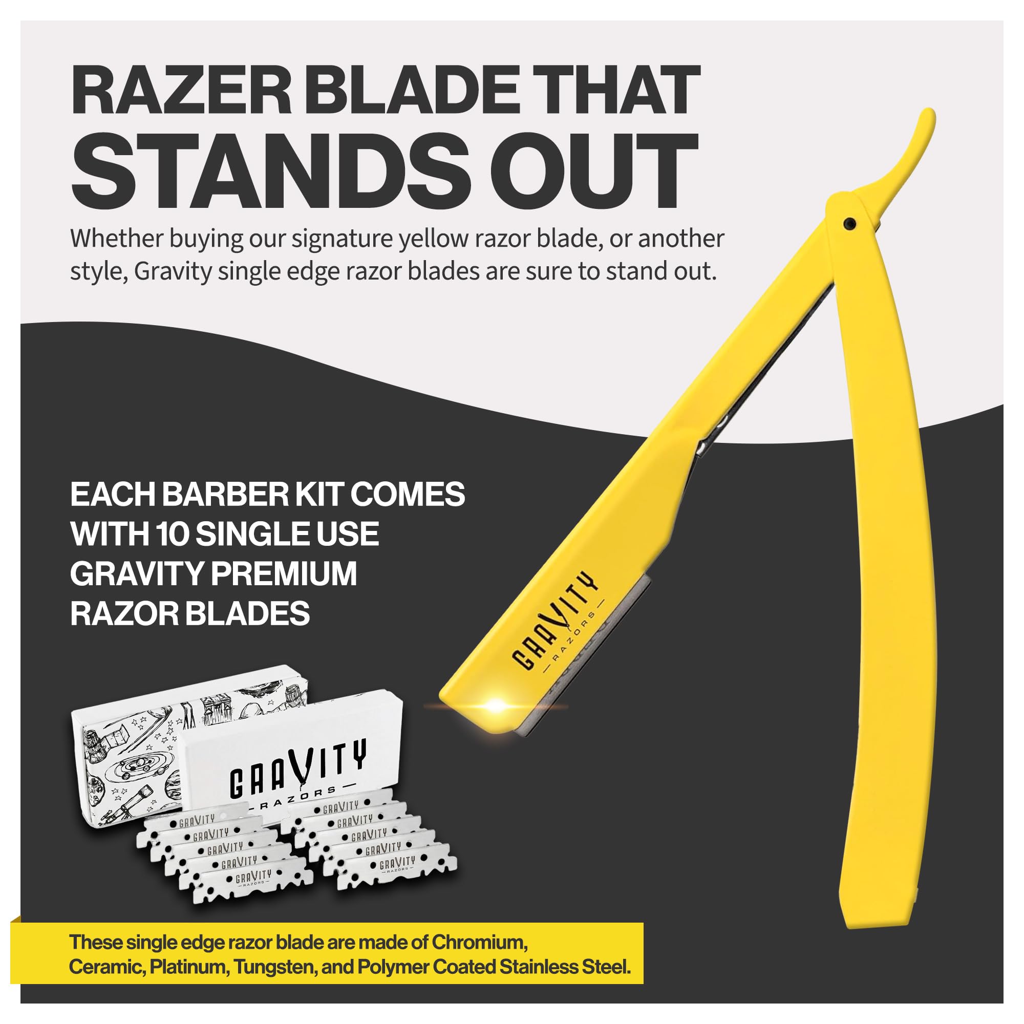 Gravity Razors Professional Straight Razor - Minimal Exposure Straight Razor Kit with 10 Derby Premium Blades (Yellow, Ultra Exposed 2mm Exposed - Yellow)