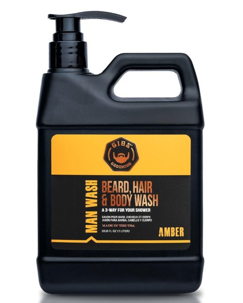 GIBS Grooming - Amber Man Wash (33.8 fl oz) 3-in-1 Beard, Hair, Body Soap - Citrus, Oak, Basil Scent - Sulfate Free - Tea Tree Oil, Hemp Oil, Protein - Mens Body Wash & Mens Shampoo - Made in USA