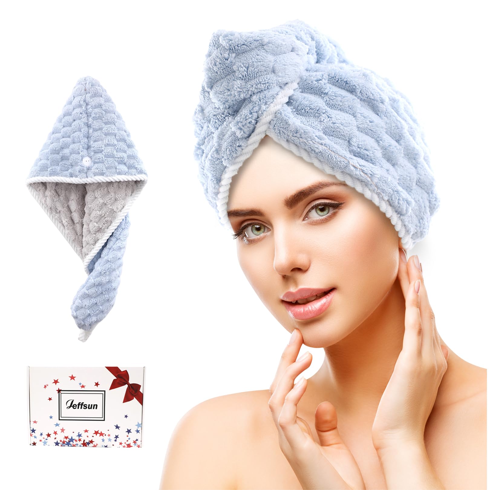 JEFFSUN Womens Microfiber Hair Drying Towel Wrap, 2-Layer Extra Thick Super Absorbent Hooded Hair Towel for Women Long Thick Wet Hair, 2 Colors Blue & Grey Reversible Hair Turban Towel