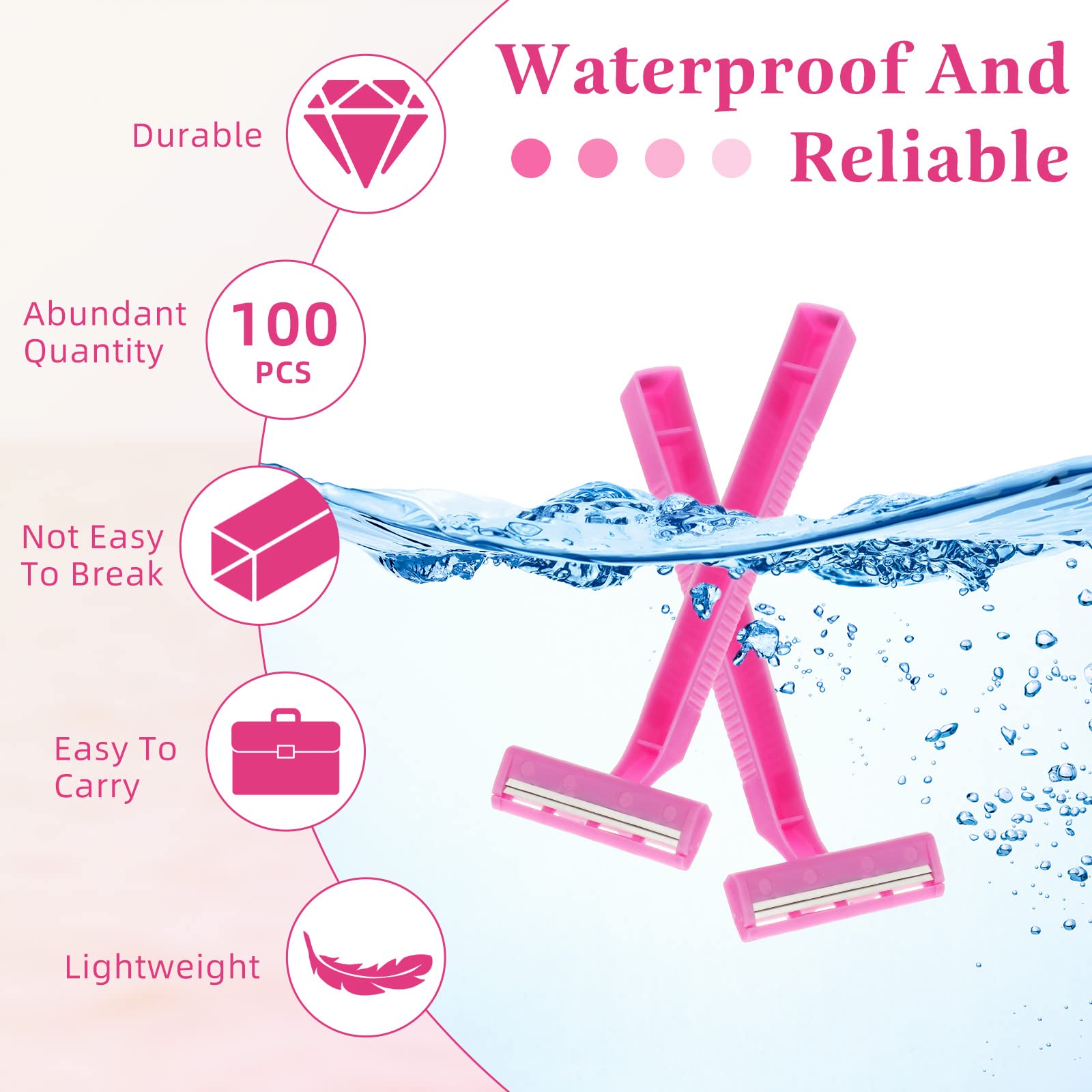 Hanaive Women's Disposable Razors Bulk Twin Blade Disposable Stainless Steel Hospitality Quality Shaver Multipurpose Portable Shave Razor Manual for Bathing Hotel Travel(Pink,100 Pcs)