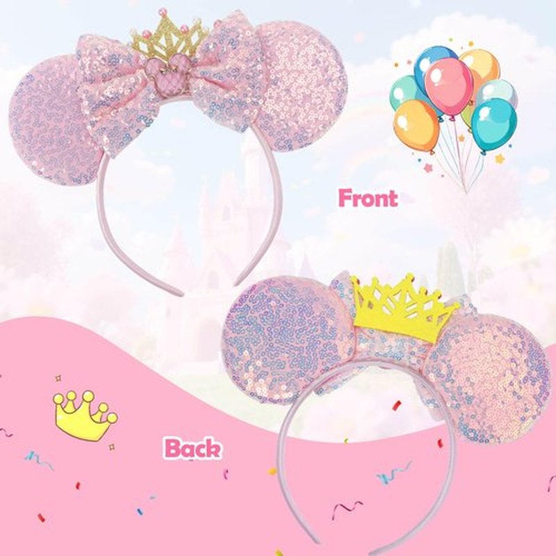 CANMIL Mouse Ears Headband, Sparkle Princess Bow Hairband for Women Girls, Cute Sequin Hair Beauty Accessories (Pink Crown)