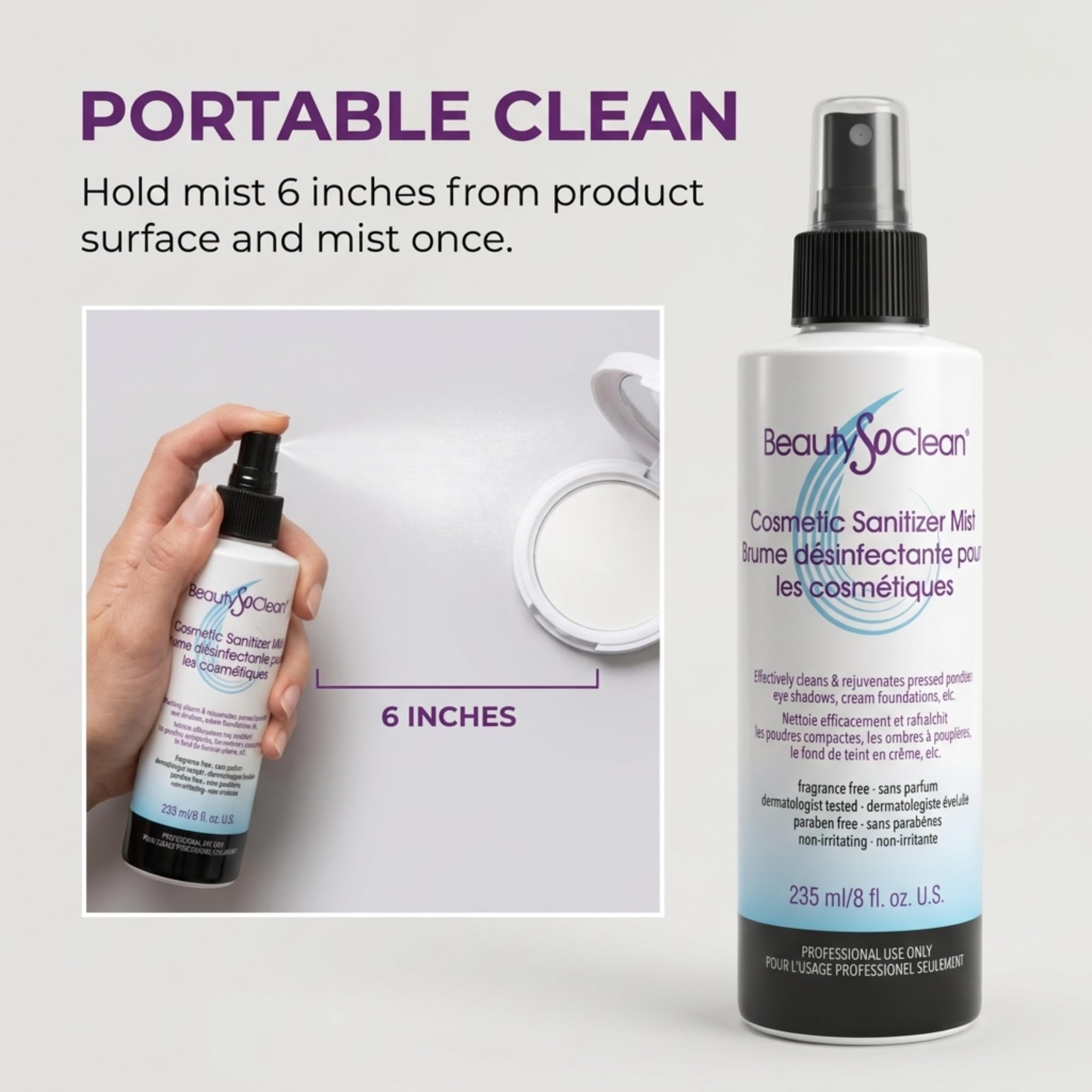 Beautysoclean Cosmetic Sanitizer Mist - (8.0 oz.) Makeup Sanitizing Spray for Powder-based Makeup Palettes & Pressed Cream Foundations, Bronzers, Concealers, Blushes, Eyeshadows.