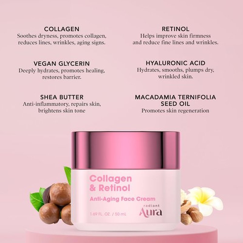 Radiant Aura Collagen & Retinol Face Cream – Dermatologist Tested, Anti Aging, Korean Skin Care – Firming, Anti Wrinkle, Hydrating Moisturizer, Pore Care – Vegan, Clean Beauty – 1.69 Fl Oz