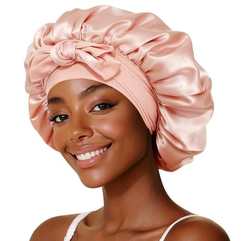 Silk Hair Bonnet with Strap for Sleeping, Double-Layer Satin Sleep Cap for Women, Soft Lining for Curly and Natural Hair (1, Pink-02)