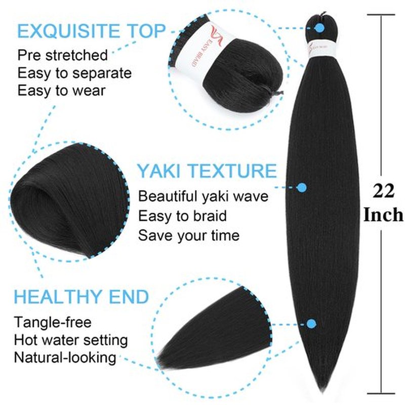Braiding Hair Pre Stretched 22 Inch 8 Pack Long Professional Pre Stretched Hair For Braiding Soft Yaki Texture Hot Water Setting Synthetic Crochet Braids For Women Girls(22Inch,1B)