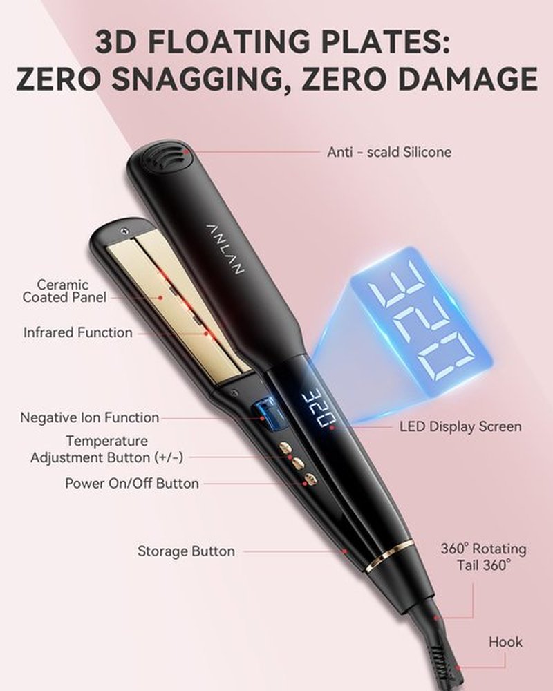 ANLAN Infrared Hair Straightener, 1.4" Ceramic Flat Iron with 20s Fast Heating, Negative Ions, 210–460°F Adjustable, Dual Voltage & Auto Shut-Off for Smooth, Shiny Styles
