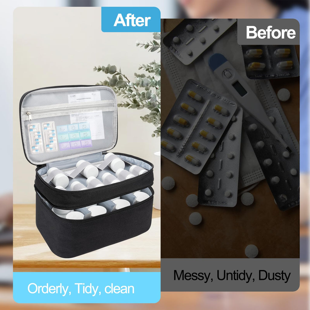 Medicine Organizer Bag, Dual Layers Pill Bottle Organizer Storage Bag with Adjustable Divide, Medication Travel Bag for Pills, Vitamins, Medical Supplies for Home with Pill Carrying Bag&Pill Pouch Bag