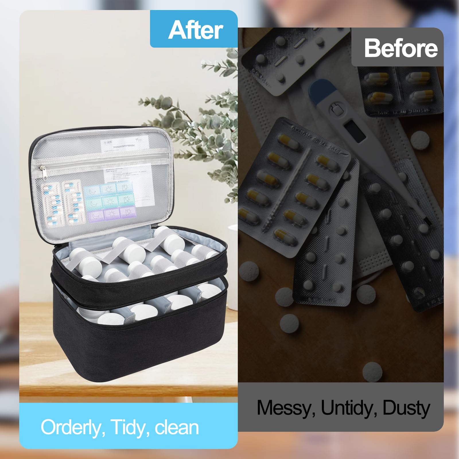 Medicine Organizer Bag, Dual Layers Pill Bottle Organizer Storage Bag with Adjustable Divide, Medication Travel Bag for Pills, Vitamins, Medical Supplies for Home with Pill Carrying Bag&Pill Pouch Bag