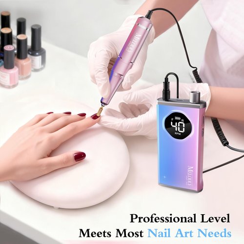 Electric Nail Drill File Professional 40000 RPM, Melodly Rechargeable Electric Nail File Machine Kit for Acrylic Gel Nails Polishing Removing, Portable Cordless Efile with Gold Bits Kit at Salon Home