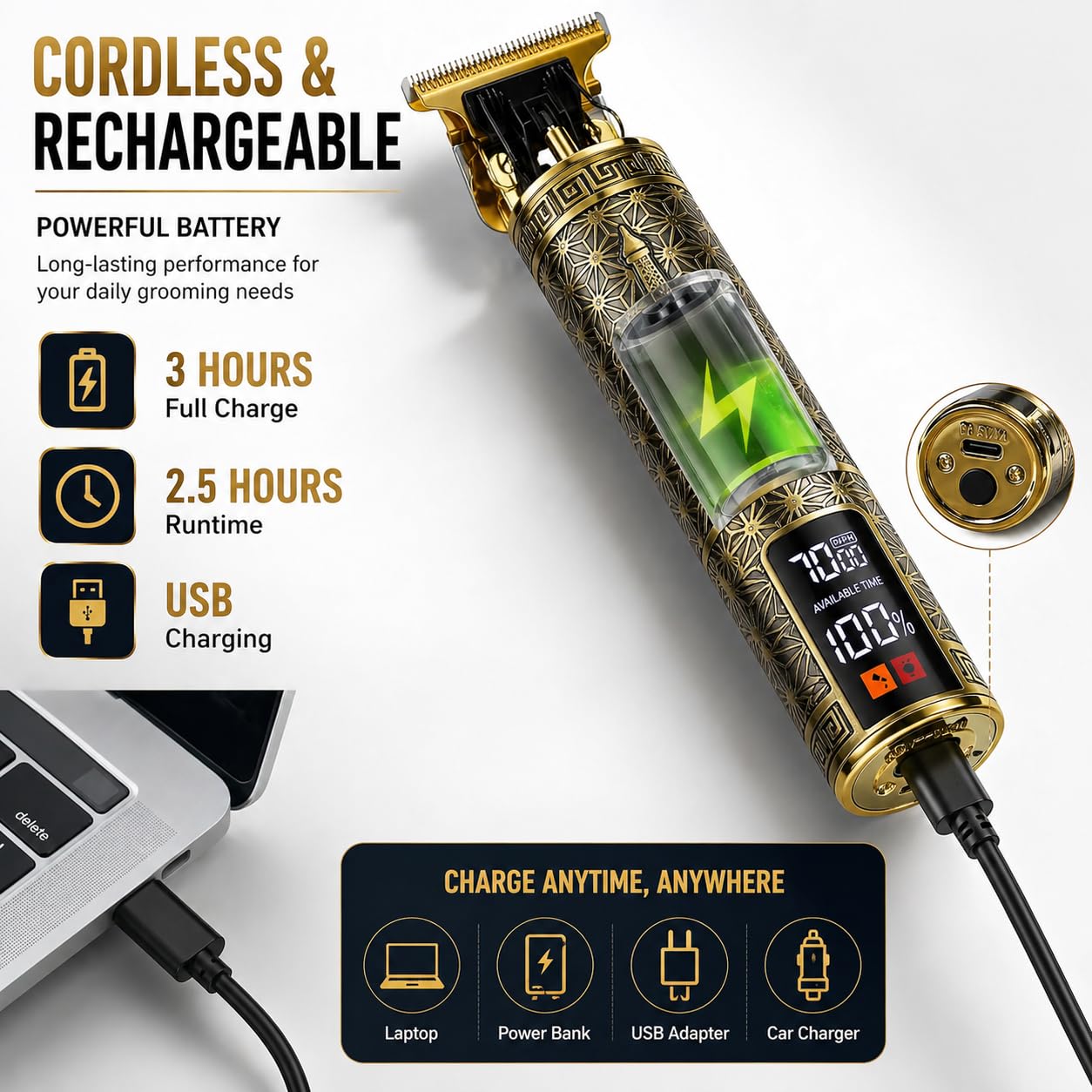 Piler Professional Beard Trimmer for Men, Cordless Rechargeable Beard Trimmer Kit with Metal Body, USB Charging, LCD Display, 2.5H Runtime, Precision Trimming Combs