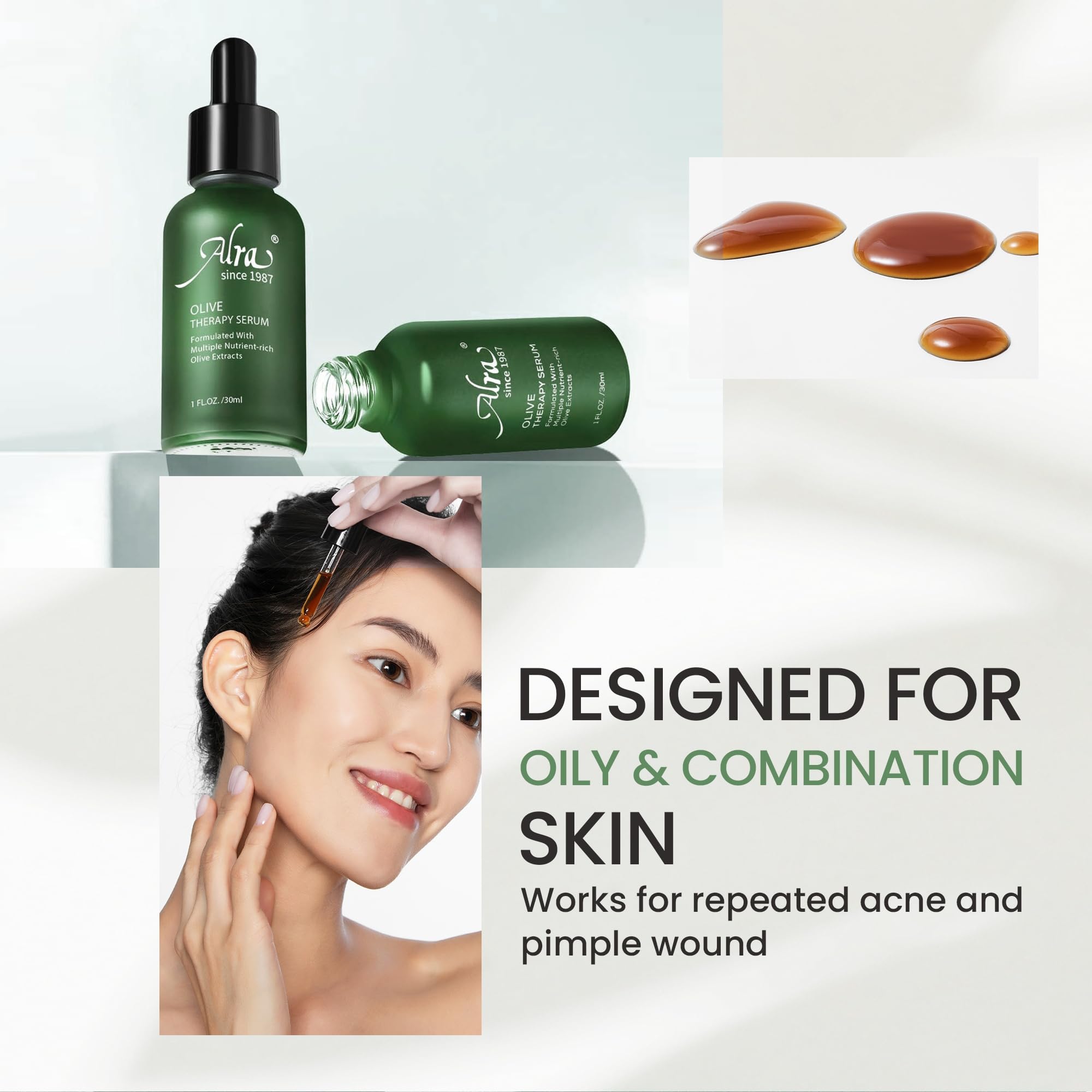 Alra Olive Therapy Serum for Face, Face Serum with 22% Olive Extracts, Reduces Redness & Acne, Rapidly Clear Breakout for Teens Adults, fit Oily & Acne-Prone Skin, 1 fl oz/30ml