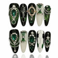 Handmade Green Gemstone Press On Nails long Coffin Reusable Stick On Fake Nails Luxury Elegant Sexy Style For Women Gift With Nail Glue Red Black M