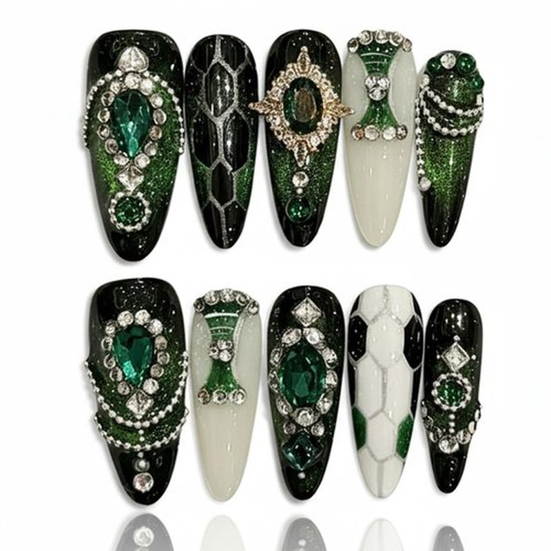 Handmade Green Gemstone Press On Nails long Coffin Reusable Stick On Fake Nails Luxury Elegant Sexy Style For Women Gift With Nail Glue Red Black M
