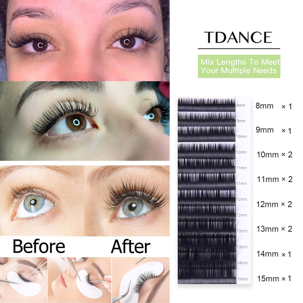 TDANCE Lash Extension Matte Black Eyelash Extension C CC D DD J B L Curl Volume & Classic Lash Extensions 0.03-0.18mm Thickness Professional Salon Use(0.03-C,8-15 mm)