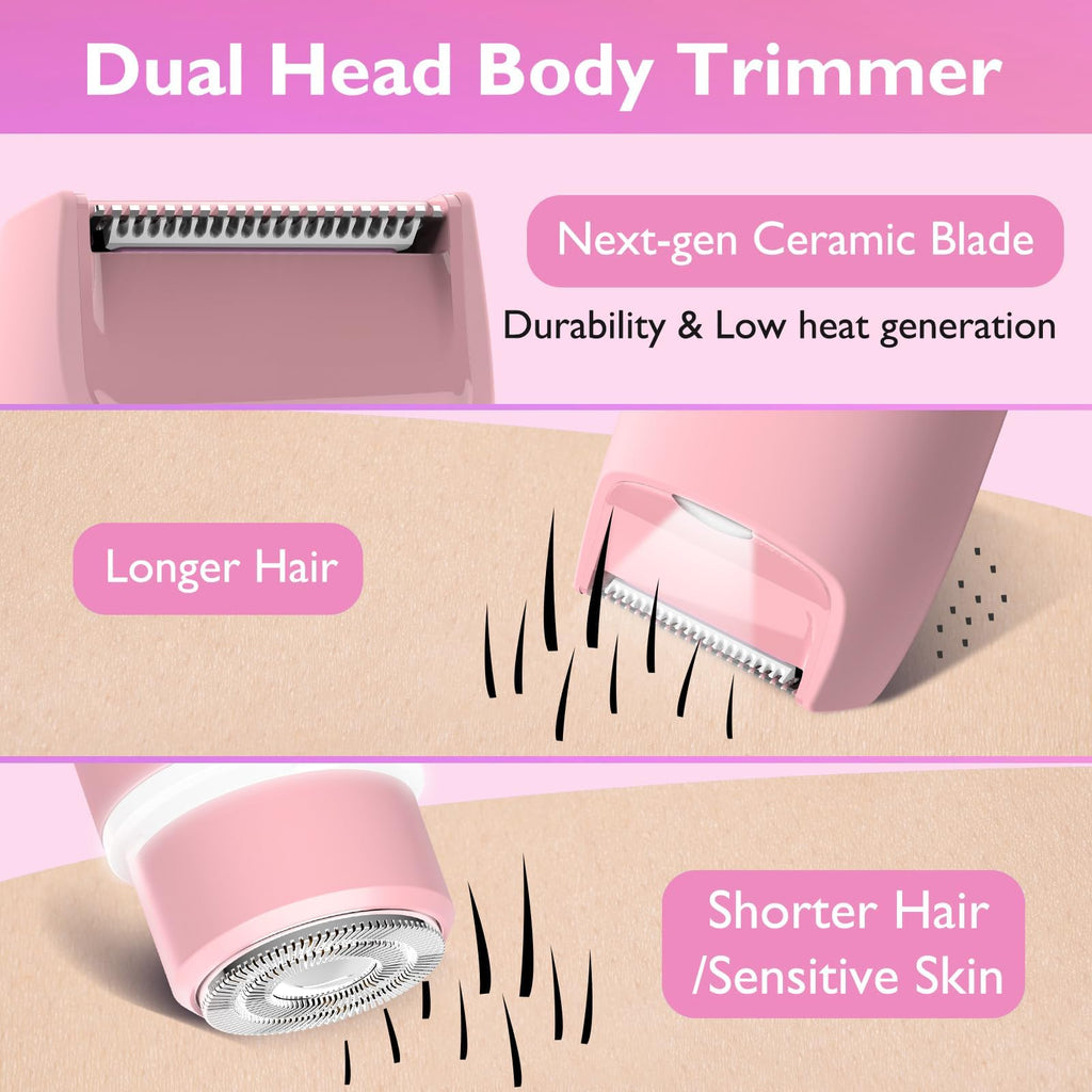Bikini Trimmer for Women, Dual Head Electric Razors, Pubic Hair Trimmer with IPX7 Waterproof & Easy Cleaning, Rechargeable Painless Silk Glide Pro Shaver for Underarm Leg Arm Body Face, Cherry