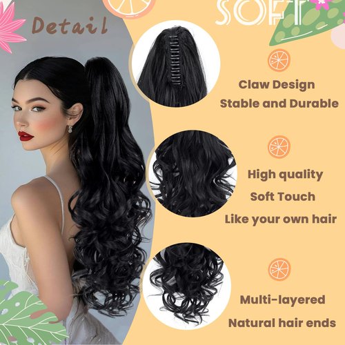 Ponytail Extension, 26 Inch Long Pony tails Hair Extensions for Women Wavy Curly Claw Clip Ponytail Fluffy Natural Fake Pony tail Hair Pieces for Women (Black, 26 Inch)