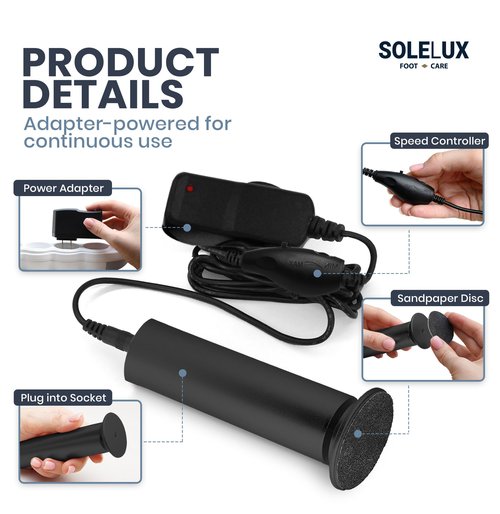 SoleLux Upgraded 2025 Electric Foot File – Callus Remover for Women & Men with Adjustable Speed, 60 Sanding Pads & Dead Skin Exfoliation – at-Home Pedicure Tool for Dry, Cracked Feet(Black)