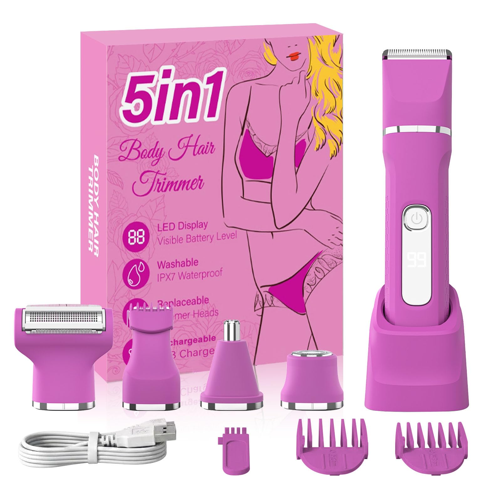 KINGTEE Bikini Trimmer for Women,Electric Shaver for Women, IPX7 Waterproof Razor Shaver,Women's Electric Razor,Intimate Shaver for Women,with 5 Blades,Charging Cable,Recharge Dock（Rose Pink