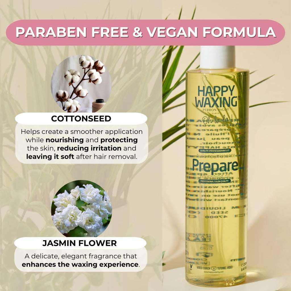 Happy Waxing Prepare Nourishing Oil 8.45oz - Pre-Wax Safety Barrier & Post-Wax Residue Remover - Minimizes Pain & Protects Skin - Conditioning Jasmine Scented Oil for Hard Wax - Vegan & Paraben-Free