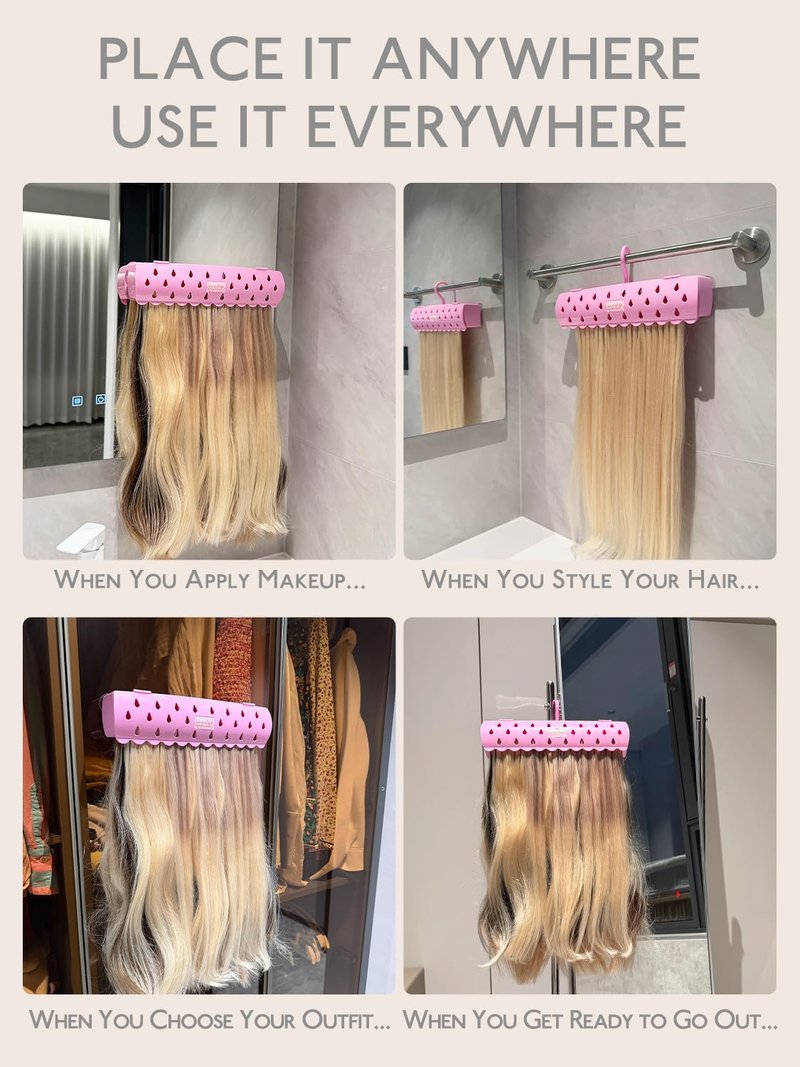 WENNALIFE Hair Extension Holder, Hair Extension Storage for Clip in Hair Extensions Tape ins Tips Braiding Hair Rack for Styling, Washing, Traveling, Storing Hair #Pink ABS Material Sturdy Organizer