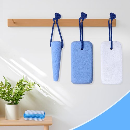 LIGOFLORA Glass Pumice Stone for Feet Callus Remover, 4-in-1 Foot Scrubber Kit with Dual-Sided Large Pumice Stones, Cone Foot Exfoliator and Nail Cleaning Brush, Blue & White