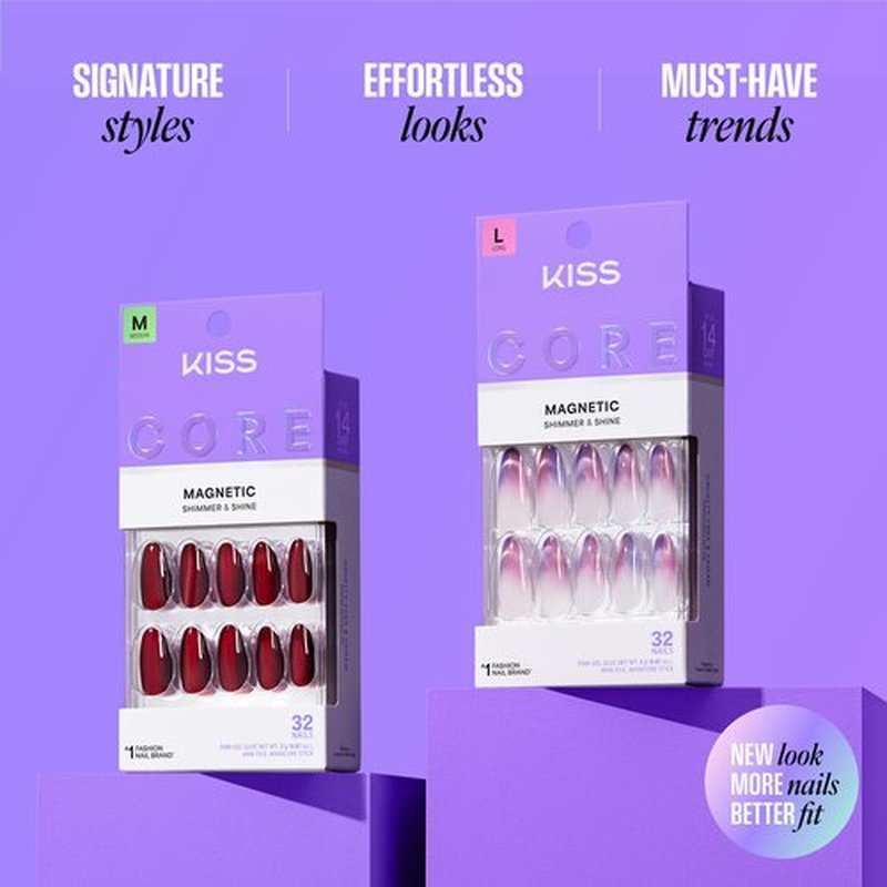 KISS CORE Magnetic Press On Nails Short, Flaming, Purple, Round, 32 Count