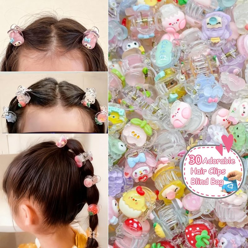 Wnqou 30PCS Cute Hair Clip Blind Bags, Random Cartoon Animal Fruit Mini Hair Claws Surprise Blind Box, Cute Daily Styling Hair Clip, Adorable Hair Accessories for Girls Kids ﻿ ﻿