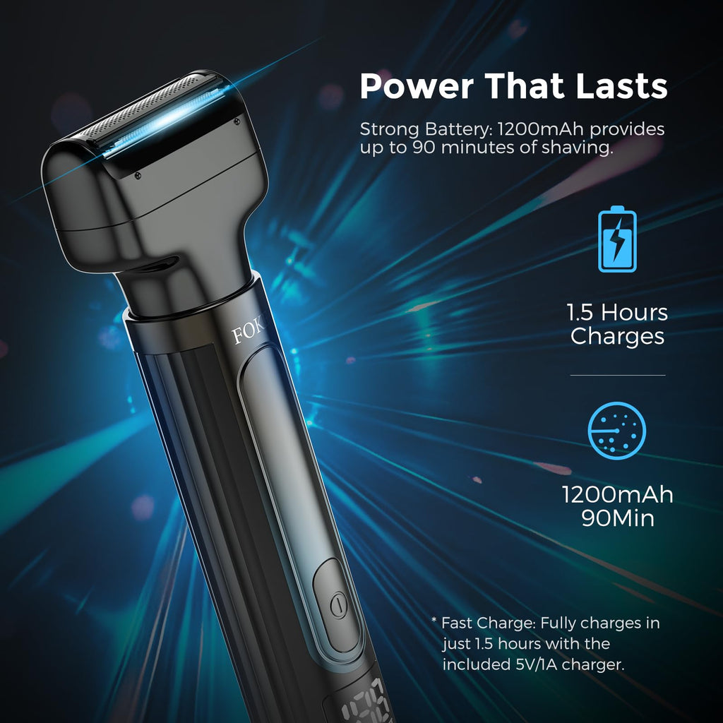 FOKE Back Shaver for Men, Ultra-Wide 1.8" T-Shaped Head, Travel Case, LED 4 in 1 Mens Back Shaver Rechargeable with Long Handle, Safety Lock, IPX7, Multi-Functional Back Trimmer for Men, (Deep Blue)