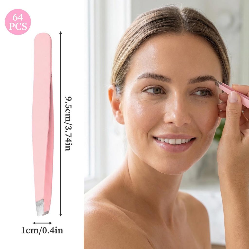 A set of 64 Decorative Eyebrow Tweezers, Featuring Stainless Steel Angled Tweezers, Pink Tweezers suitable for Personal Care, Removal of Hangnails, Facial Hair Management, and Eyelash Grafting.