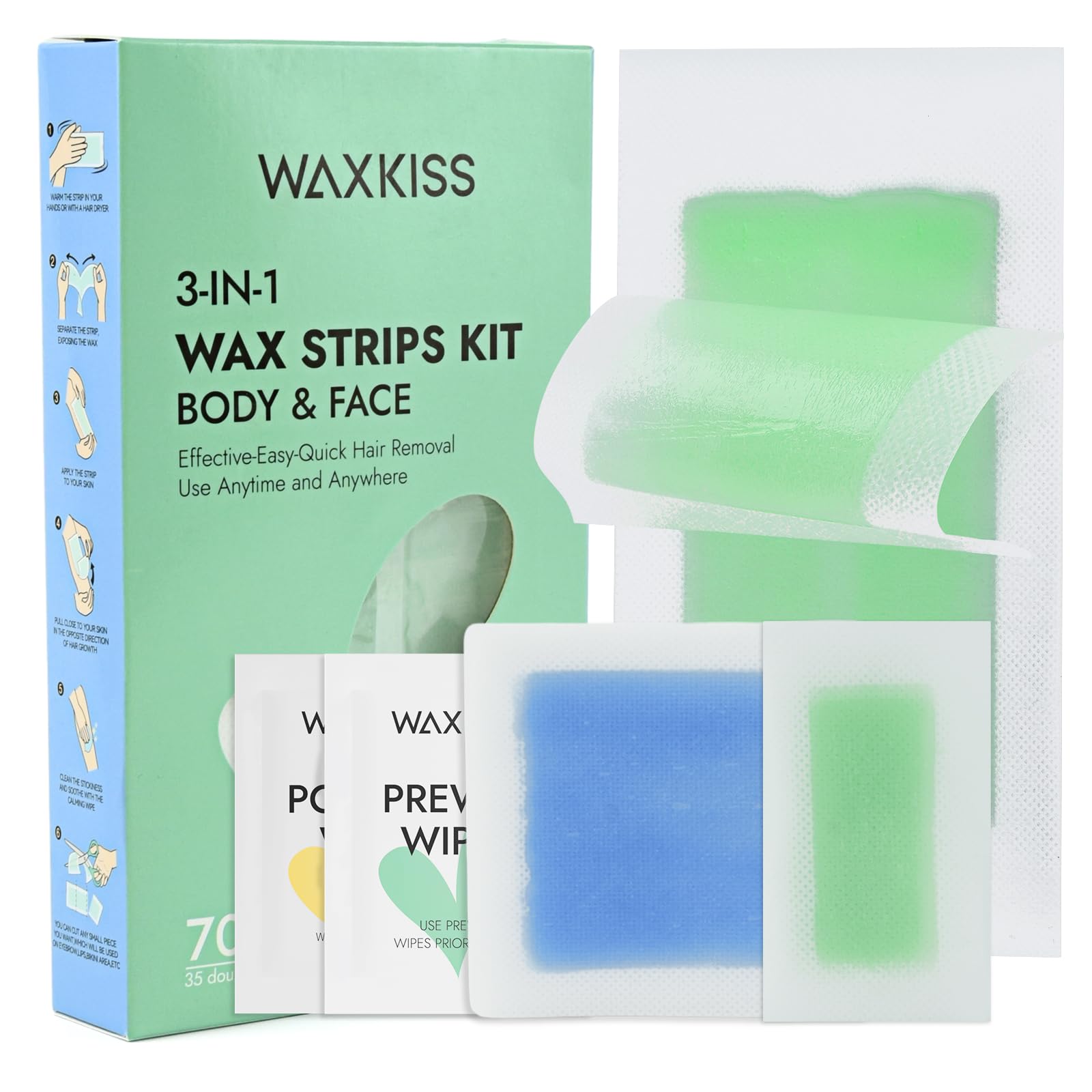 Waxkiss Wax Strips Kit for Women Men 70 Counts 3 Sizes & 12 Pcs Prewax and Afterwax Wipes Ready-to-use Waxing Strip Kit for Hair Removal Home Waxing Kit