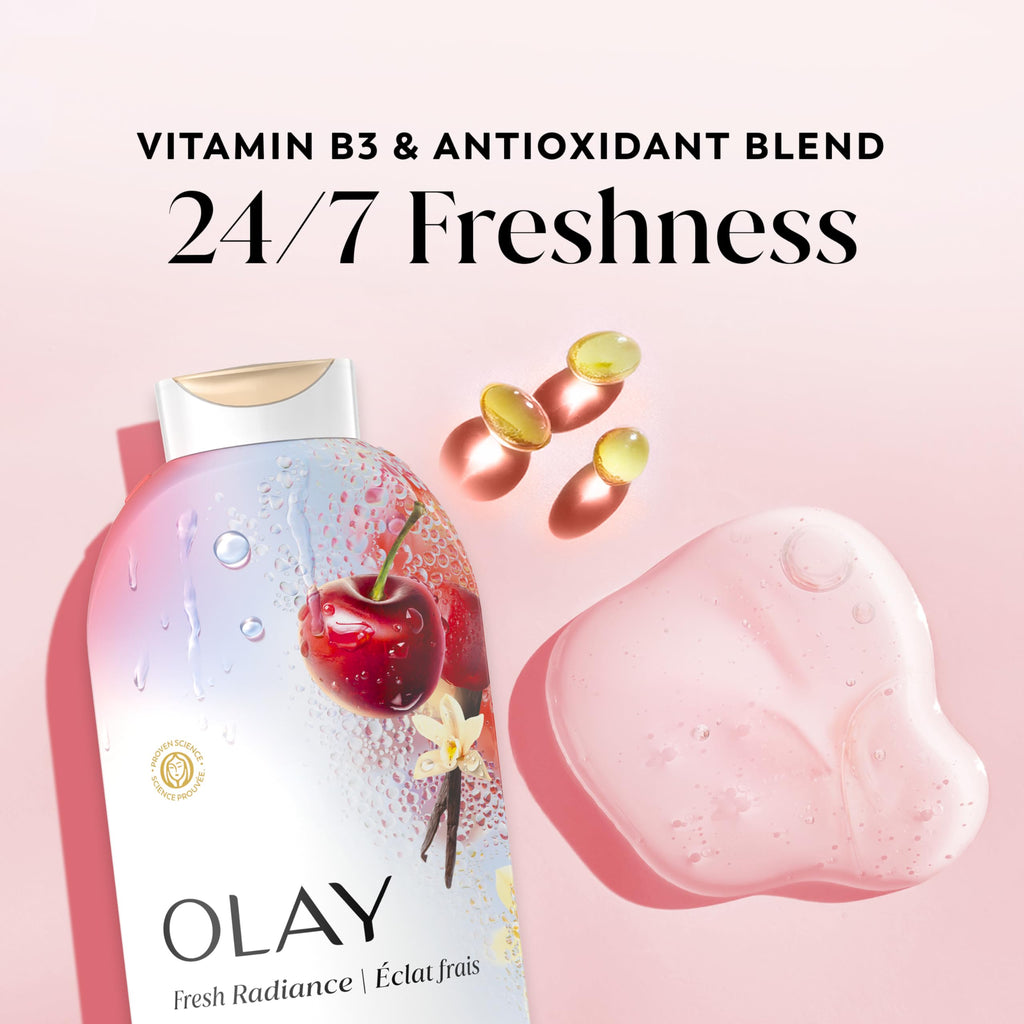 Olay Body Wash for Women, Fresh Radiance, 24/7 Skin-Loving Freshness, Visibly Radiant, Plant Based Cleansers, Vitamin B3 & Antioxidant Blend, For All Skin Types, Black Cherry & Vanilla Scent, 22 fl oz