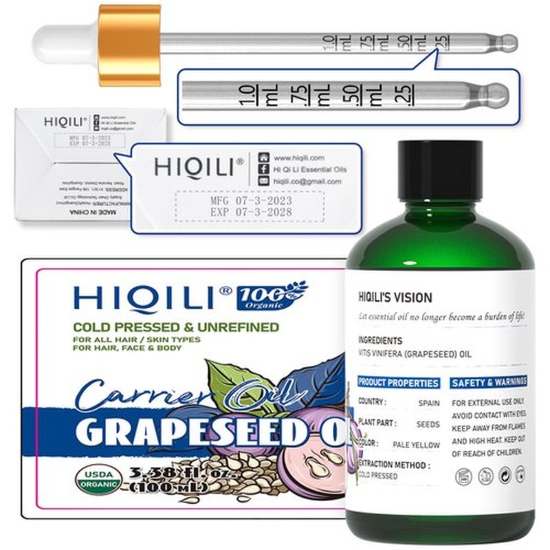 HIQILI 3.38 Fl Oz Organic Grapeseed Oil for Hair, for Skin, Carrier Oil for Essential Oils Mixing, 100% Pure & Natural-100ML