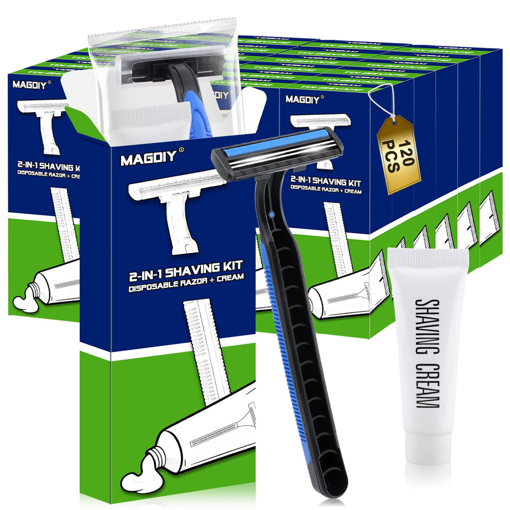 MAGDIY Shaving Kit Bulk 120 Pack, Shaving Cream Disposable Razors Bulk for Men, Twin Blade Razors Travel Size Cream, Individually Wrapped Toiletries for Homeless Travel Hotel Airbnb Donation Church