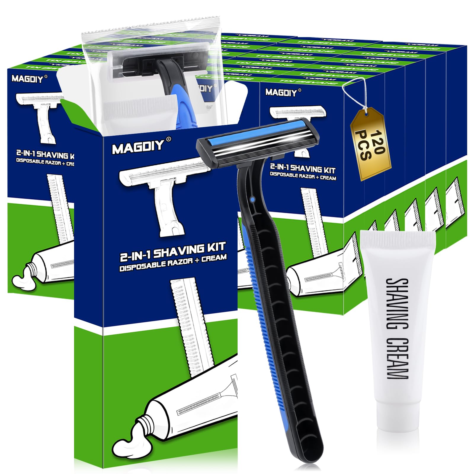 MAGDIY Shaving Kit Bulk 120 Pack, Shaving Cream Disposable Razors Bulk for Men, Twin Blade Razors Travel Size Cream, Individually Wrapped Toiletries for Homeless Travel Hotel Airbnb Donation Church