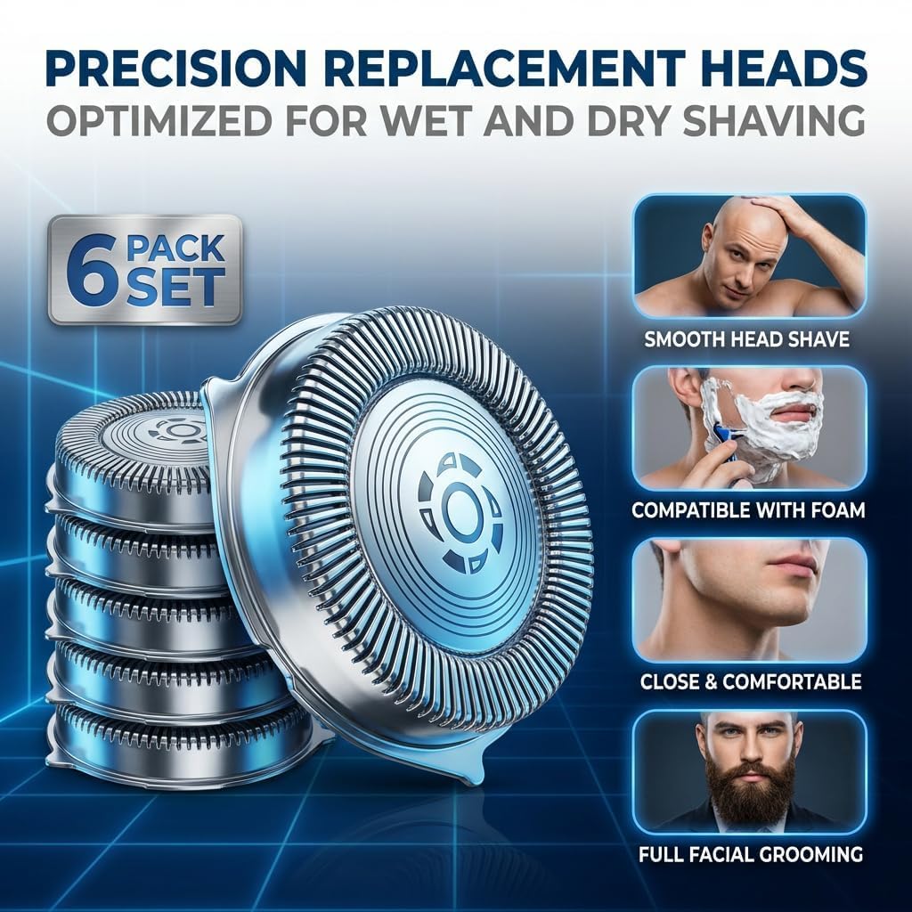 6PCS SH30 Replacement Heads Compatible with Philips Norelco Series 3000/2000/1000, New Upgraded SH30 Replacement Double Blades with 2 Brushes for Men