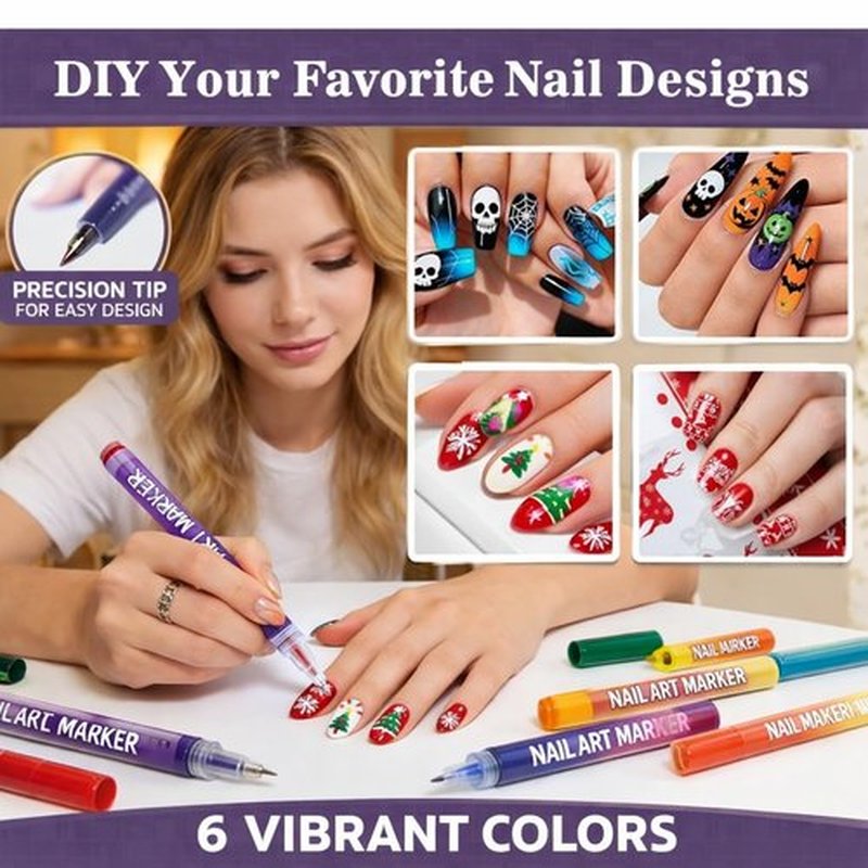 12 Colours Nail Art Markers, Nail Art Pens, Nail Polish Pens Set with Fine Tip, Water-Based Quick Dry Ink for DIY Nail Art, Manicure & Nail Design