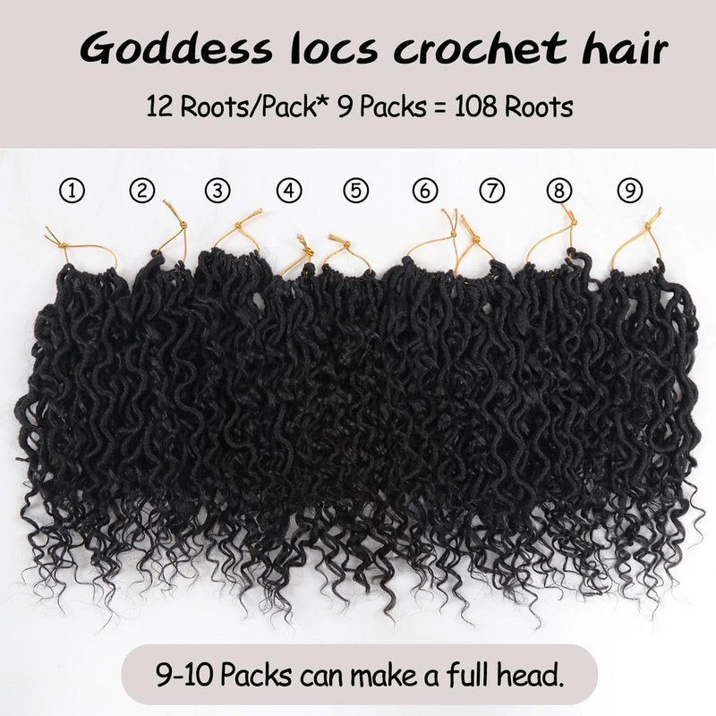 Vemet Goddess Locs Crochet Hair 8 Inch 9 Packs Faux Locs Synthetic Crochet Hair for Black Women, Boho Style Pre looped crochet with Curly Ends 1B