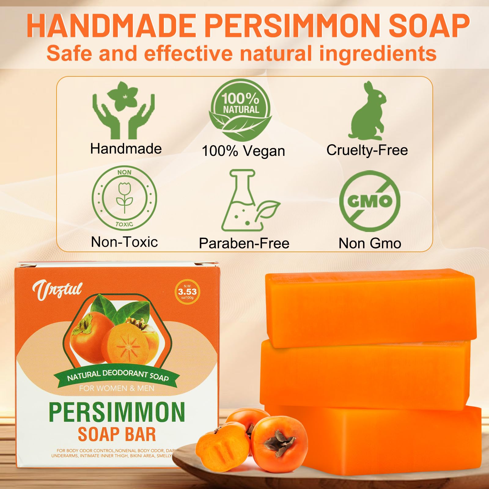 URZTUL 3 PCS Persimmon Soap Bar for Body Odor Control, Natural Deodorizing Soap for Eliminating Strong Smell, Handmade Bar Soap Deodorant Smooth Skin Deeply Cleansing