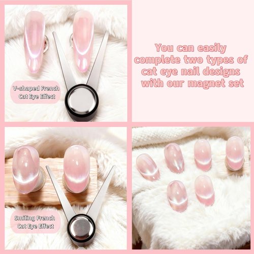 2 in 1 French Cat Eye Magnet Set, Double Head Scissor Magnet Tool for Cat Eye Gel Polish, Wand with Round Nail Magnet Beads, Manicure Art DIY for Home & Salon Use, Beginner Friendly