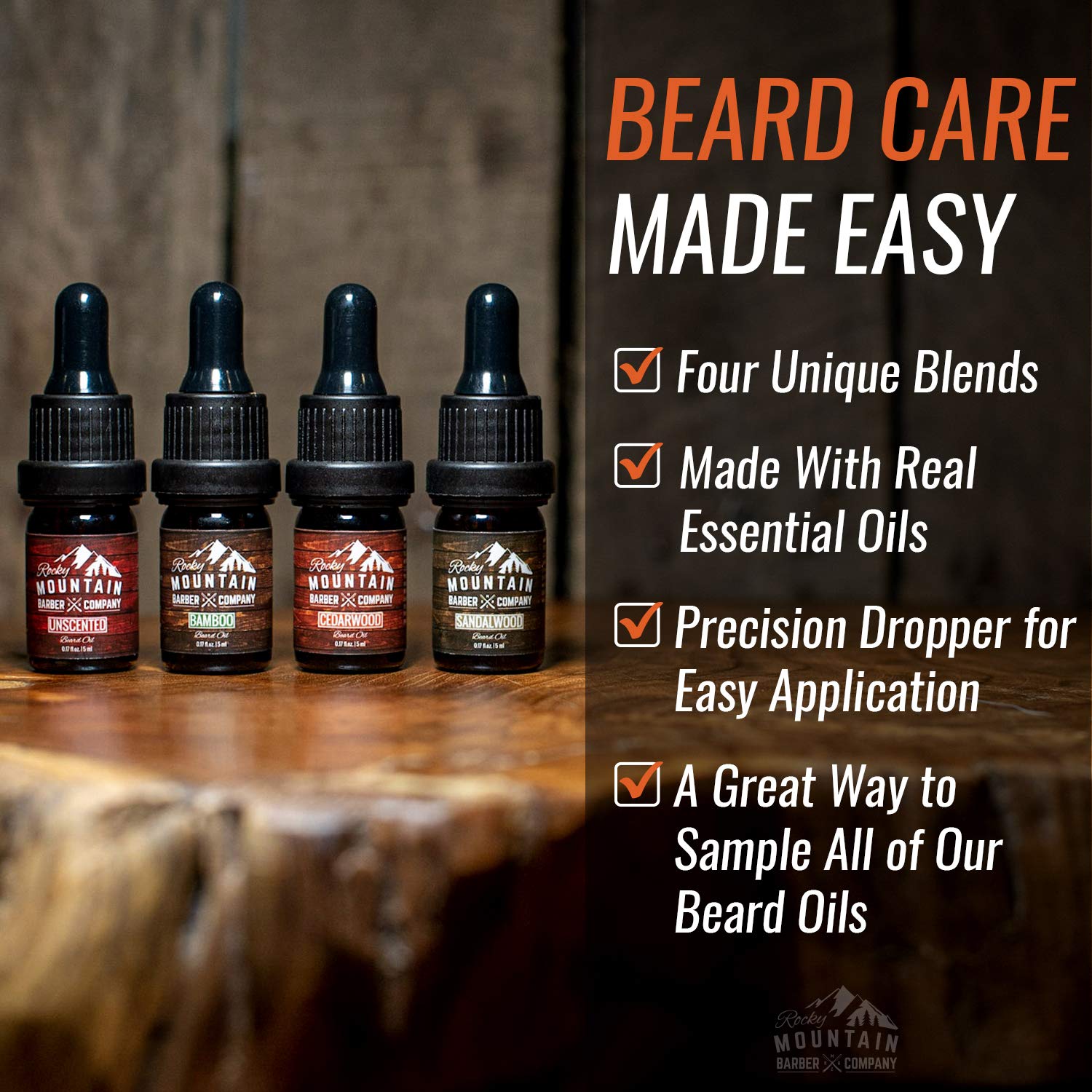 Rocky Mountain Barber Company Beard Oil Sample Size Pack - 4 Unique Beard Oil Varieties (0.17 oz each) - Cedarwood, Sandalwood, Bamboo & Unscented – Contains Essential Oils