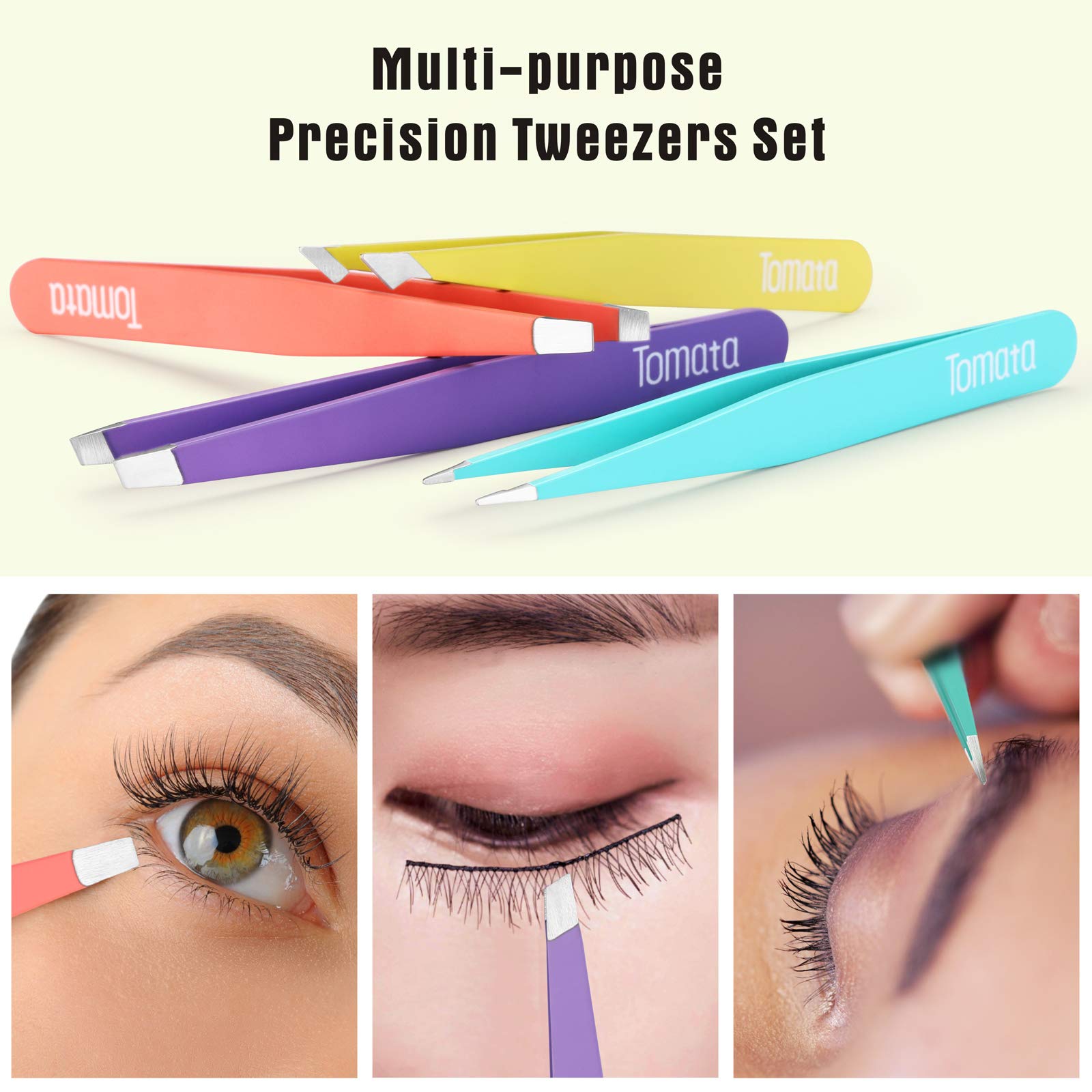 Tomata Tweezers for Eyebrows, Slant Tip and Pointed Eyebrow Tweezer Set Great Precision for Eyebrows Facial Hair, Ingrown Hair, Splinter, Blackhead and Tick Remover (4-piece) (Multi-color)