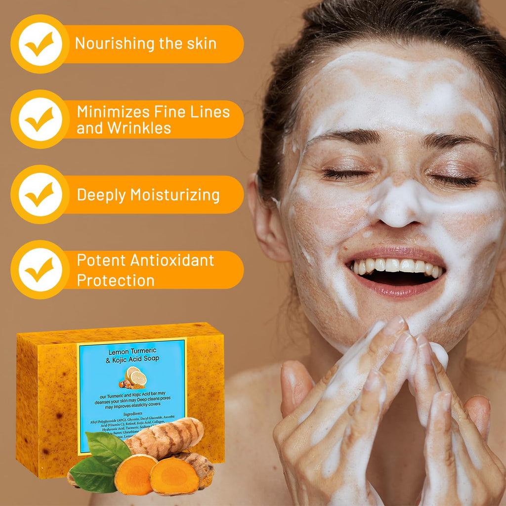 Nicgou Lemon Turmeric Kojic Soap - Turmeric Soap Bar for Face and Body, Natural Handmade Soaps Bar for All Skin Types, Daily Use Skin Care Deep Cleansing Moisturizing (2pcs)