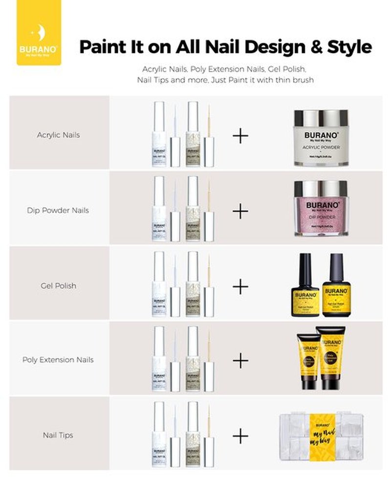 BURANO Holographic Gel Nail Polish Liner Nail Art Polish, Silver Gold Reflective Glitter Painted Gel Nail Design Polish 2 Bottle 8ml, Build in Thin Nail Brush Curing Required LX17 LX13