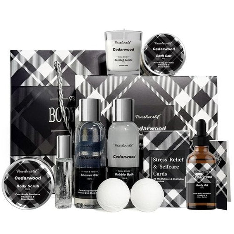 Skiennix Men's Spa Gift Set - Cedarwood Bath & Body Care Kit | 12-Piece Home Spa Essentials for Men